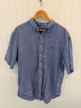 Ralph Lauren Linen Blue Gingham Short-Sleeve Button-Down w/ red Pony Size XL